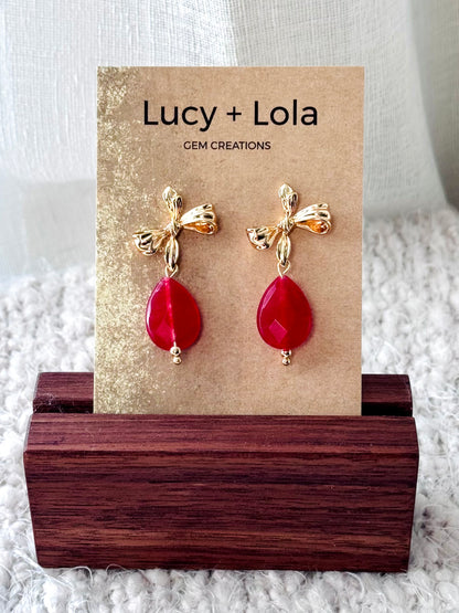 Red Jade Drops + Gold Bow Earrings