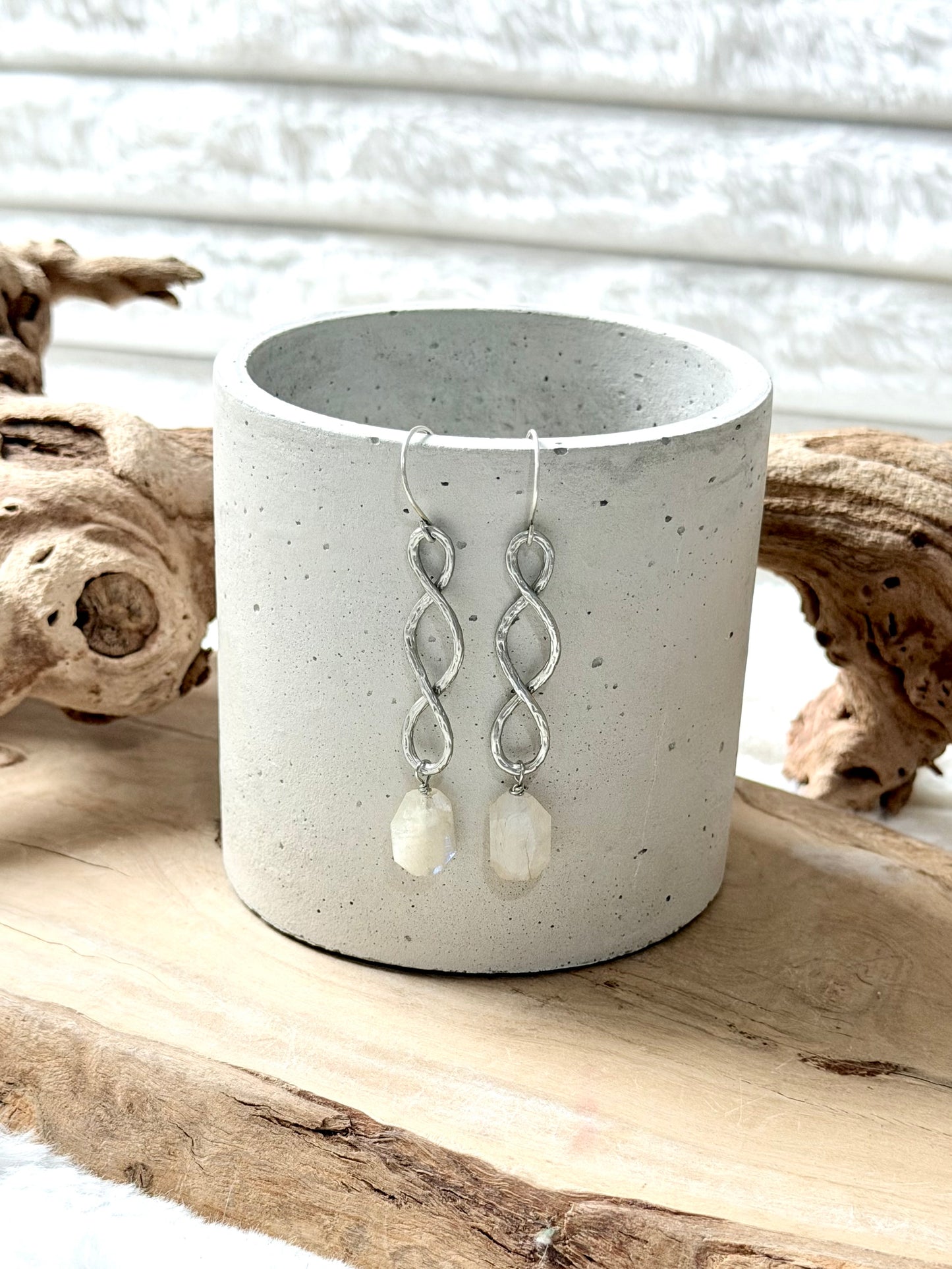 Blue Moonstone + Matte Silver Infinity Earrings
