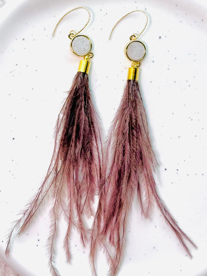 White Druzy Agate + Gold Blush/Brown Feather Earrings