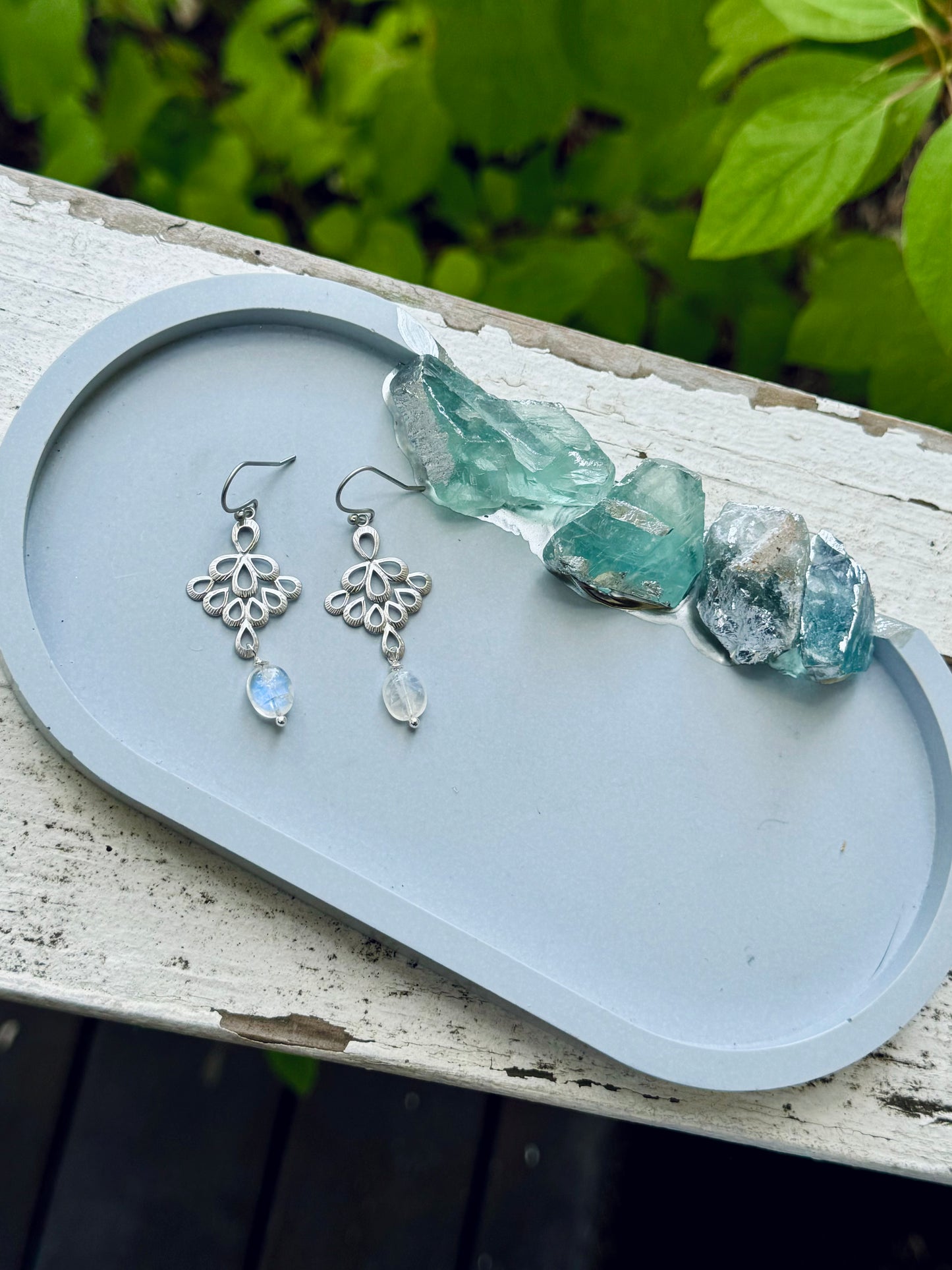 Rainbow Moonstone + Matte Silver Floral Earrings