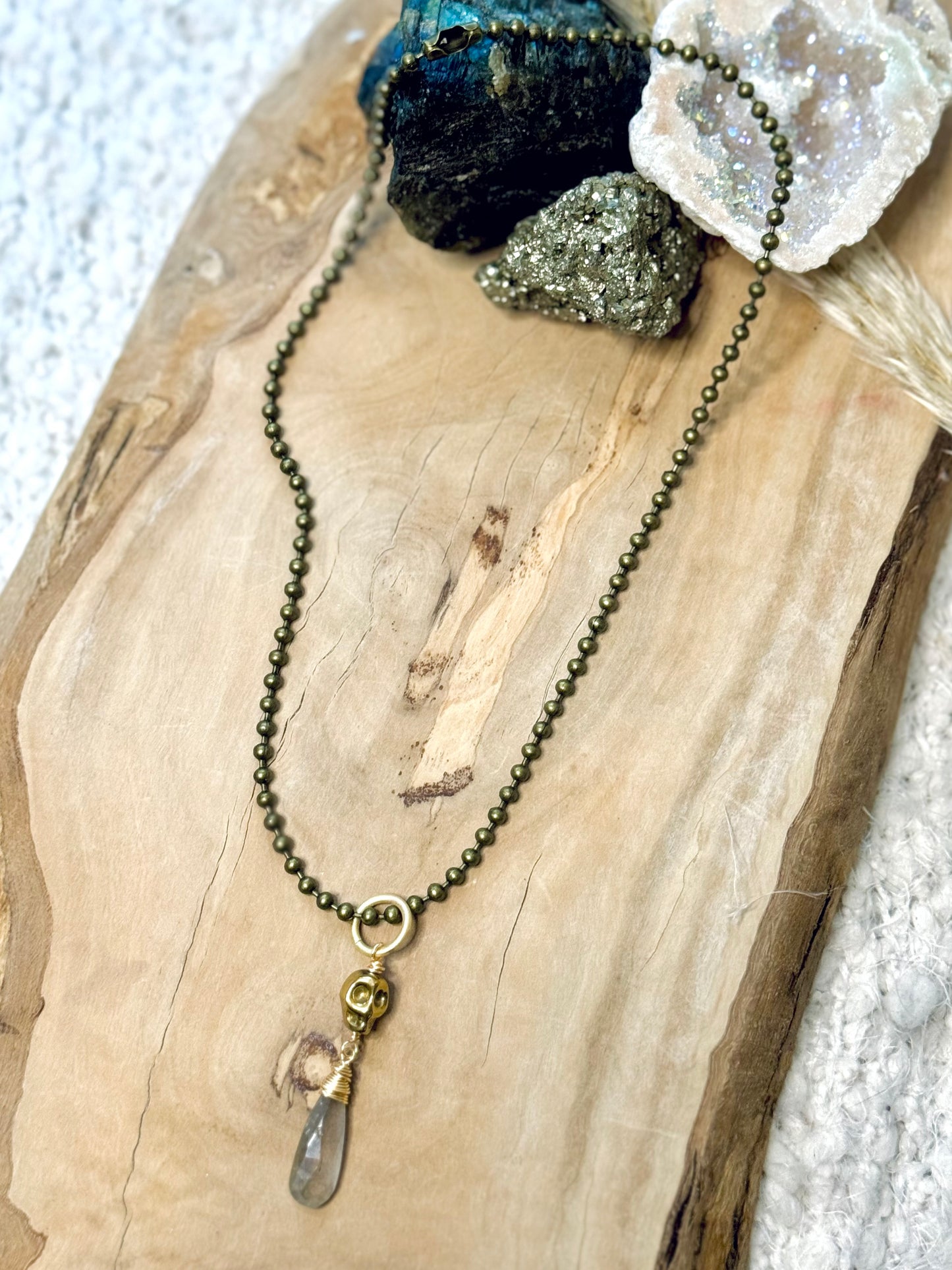 Labradorite + Mixed Metals Hematite Skull Necklace