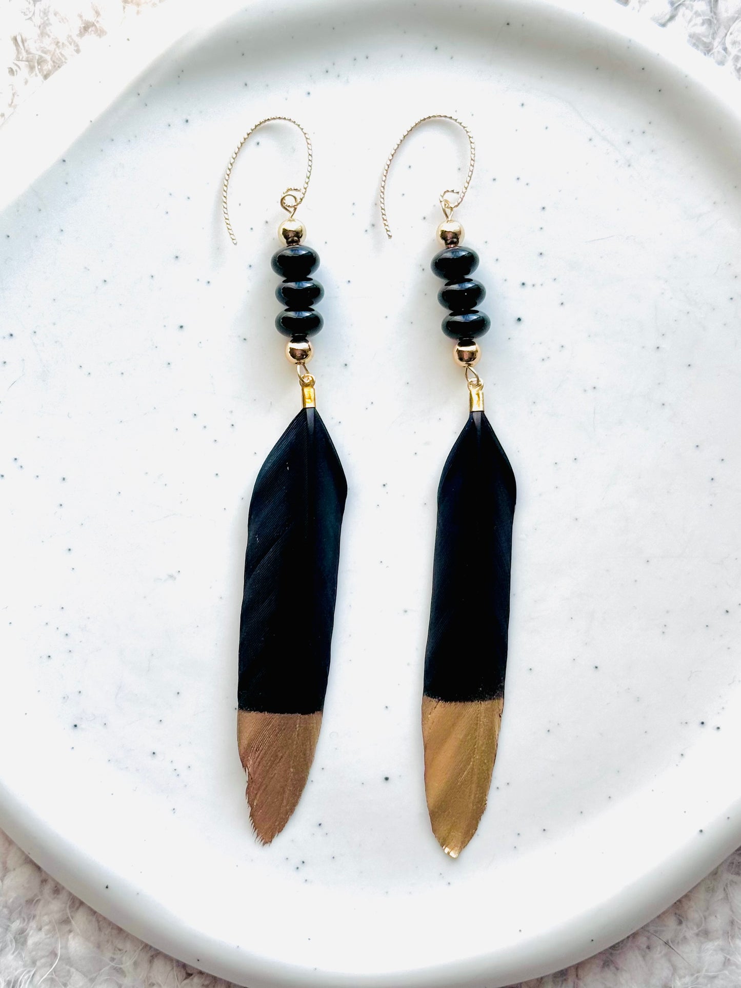 Black Onyx + Gold Feather Earrings