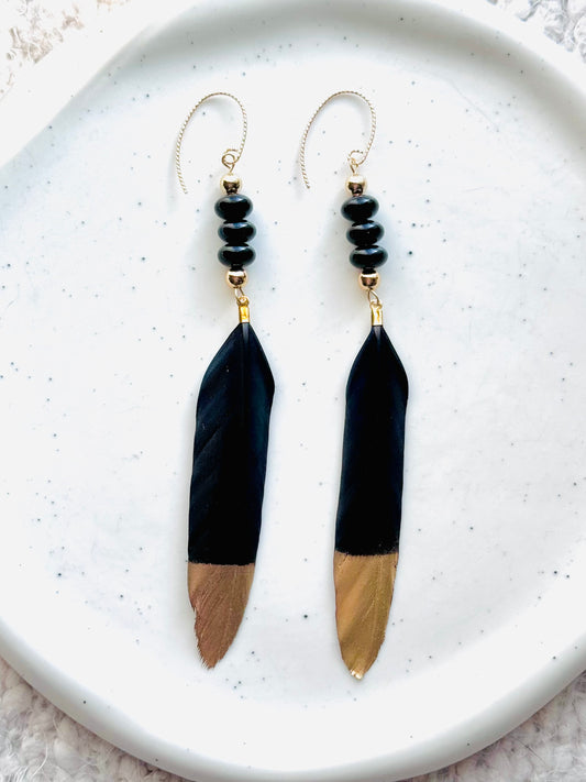 Black Onyx + Gold Feather Earrings