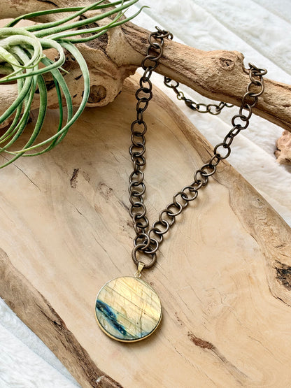 Round Labradorite + Antique Brass Necklace