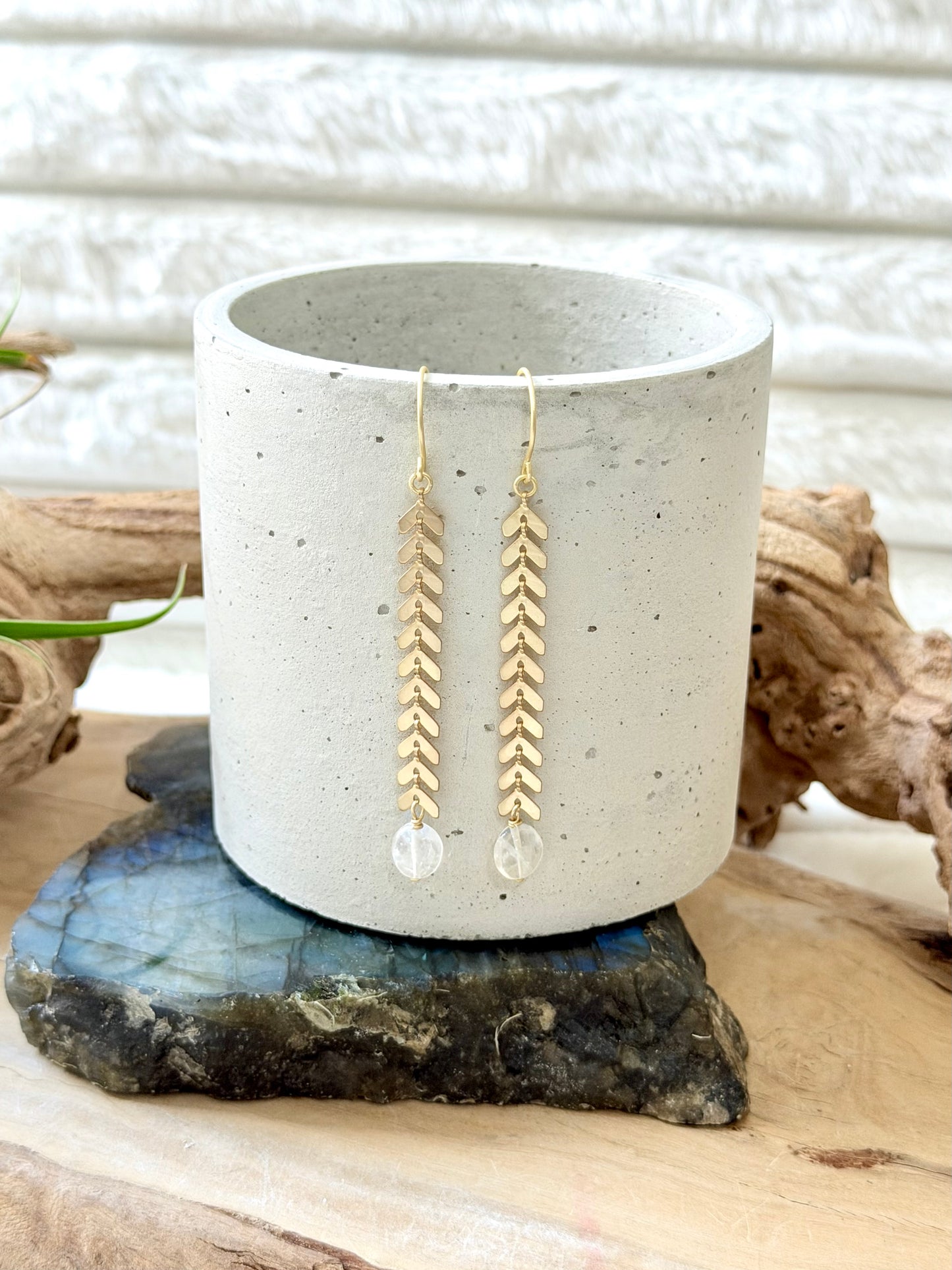 Rainbow Moonstone + Matte Gold Chevron Earrings