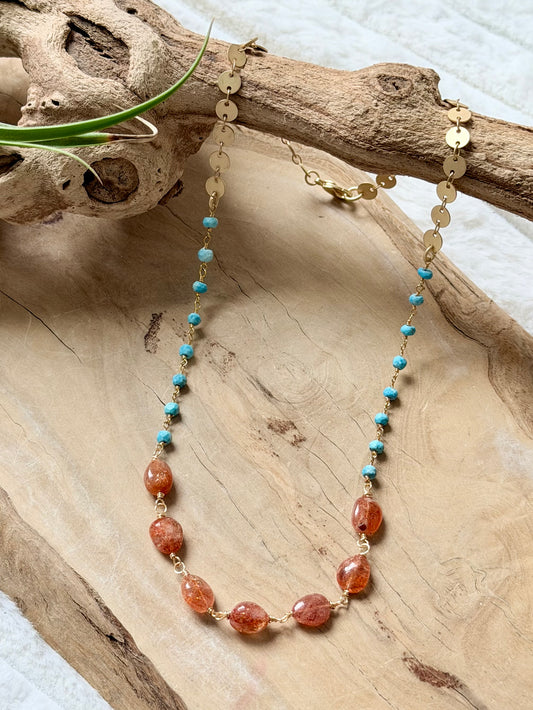 Turquoise + Sunstone Matte Gold Necklace