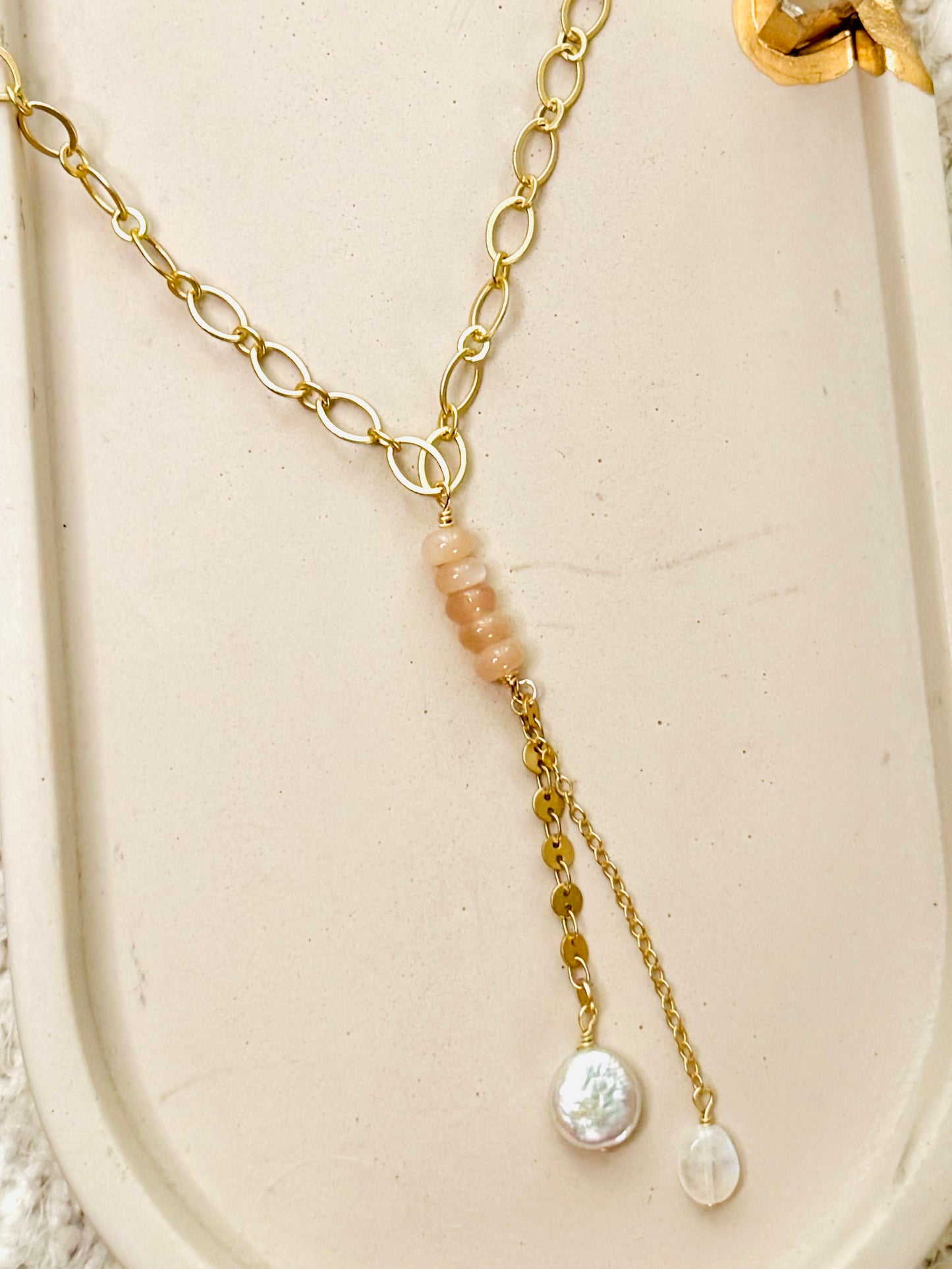 Peach Moonstone + Matte Gold Lariat Necklace