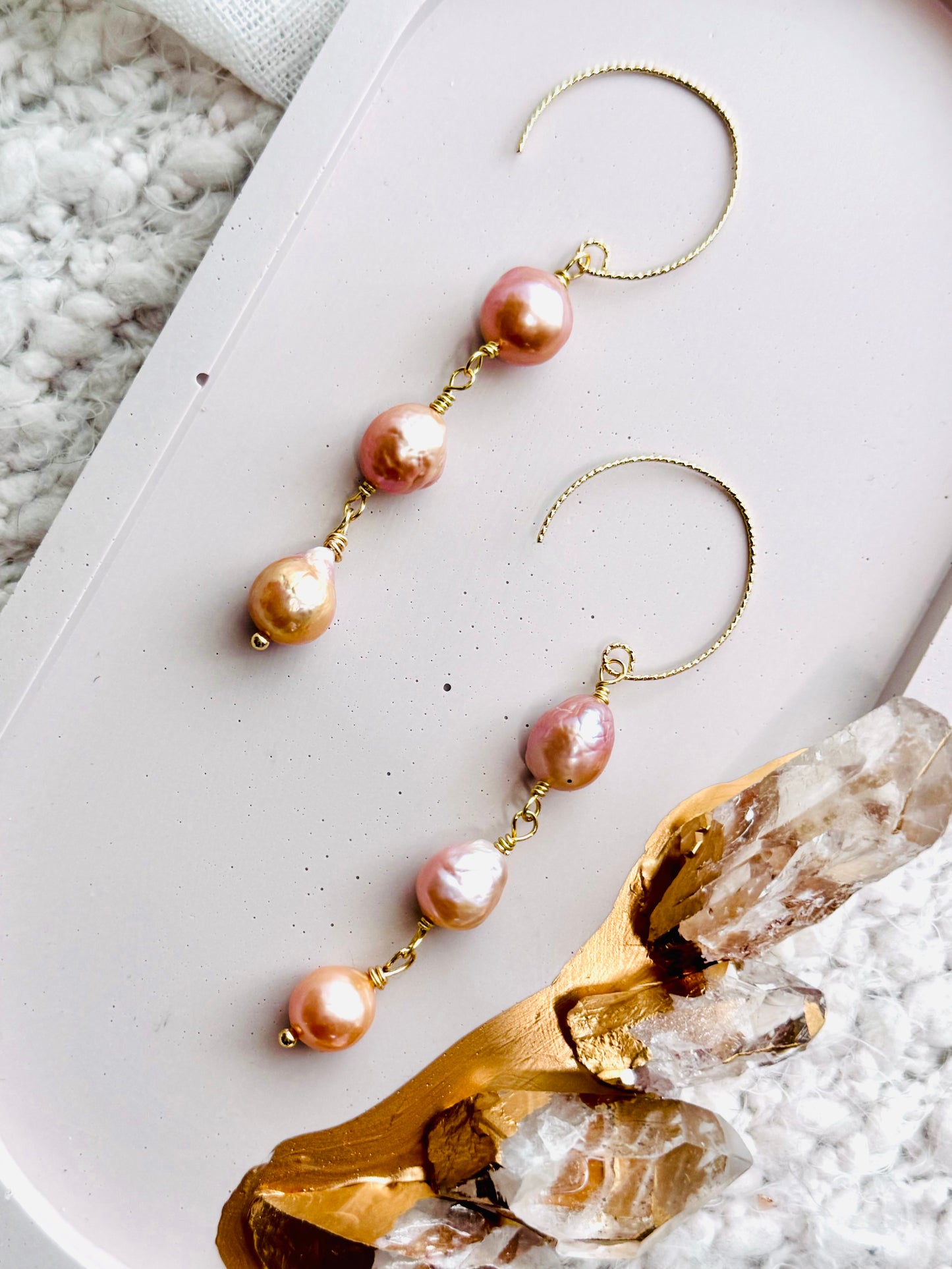 Pink Freshwater Baroque Pearls + Gold Drop Earrings