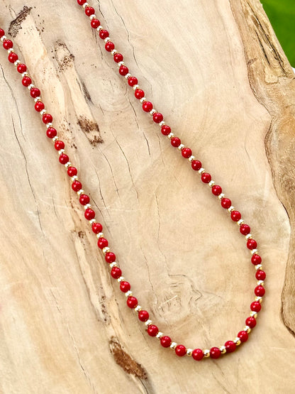Red Coral + Gold Beaded Necklace