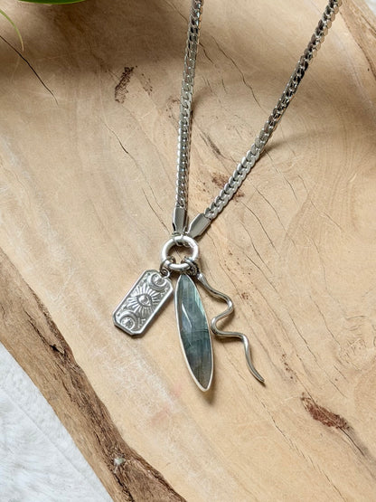 Labradorite + Silver Carabiner Herringbone Necklace
