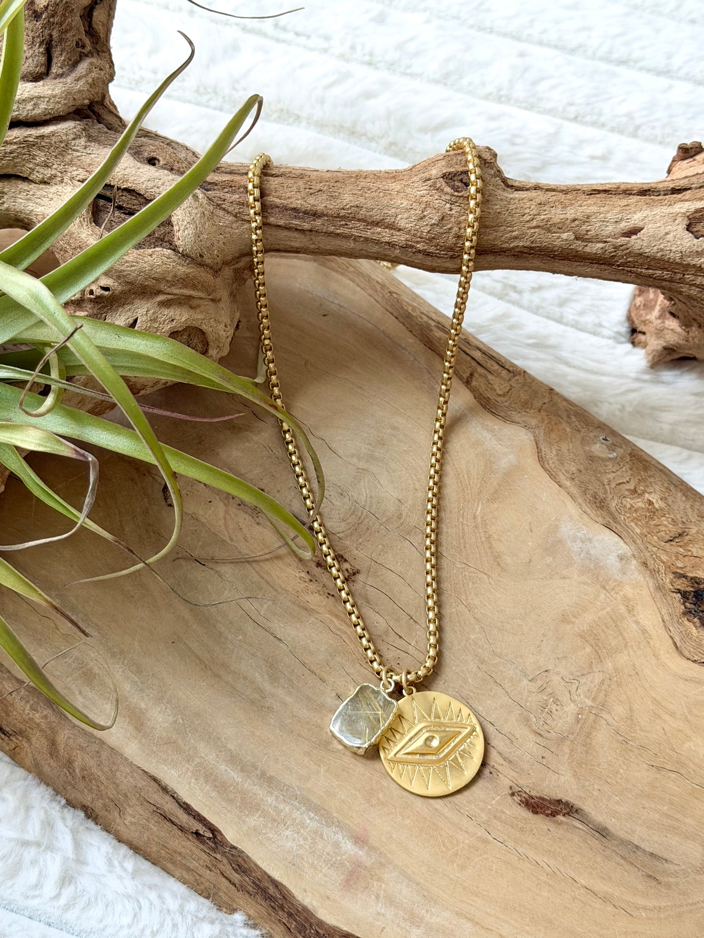 Rutile Quartz + Matte Gold Evil Eye Necklace