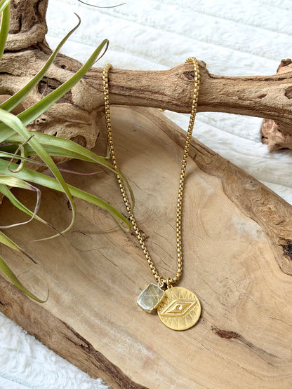 Rutile Quartz + Matte Gold Evil Eye Necklace