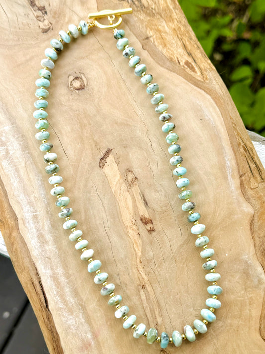 Chunky Larimar + Gold Beaded Necklace