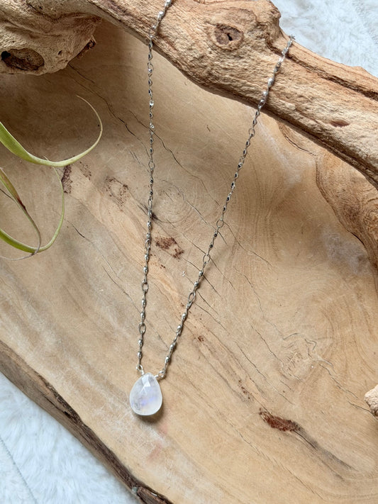 Rainbow Moonstone + Silver Stainless Steel Necklace