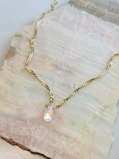 Madagascar Rainbow Moonstone + Matte Gold Necklace