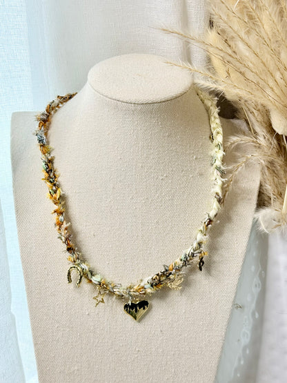 Braided Silk Scarf + Gold Black Heart Charm Necklace