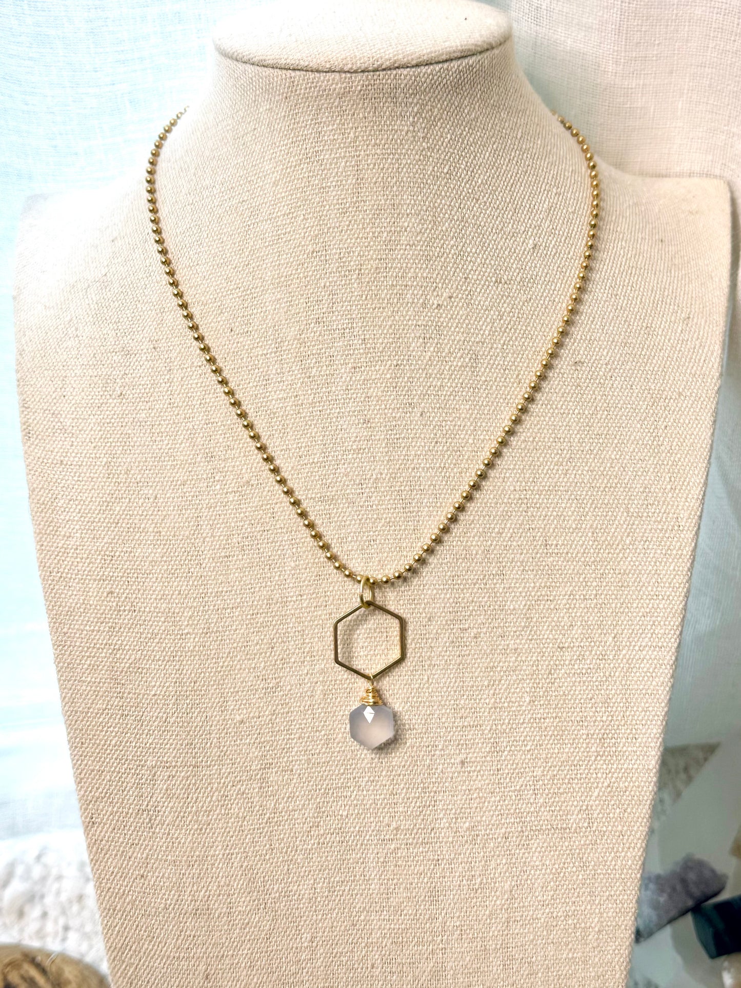 Blue Chalcedony + Matte Gold Hexagon Necklace