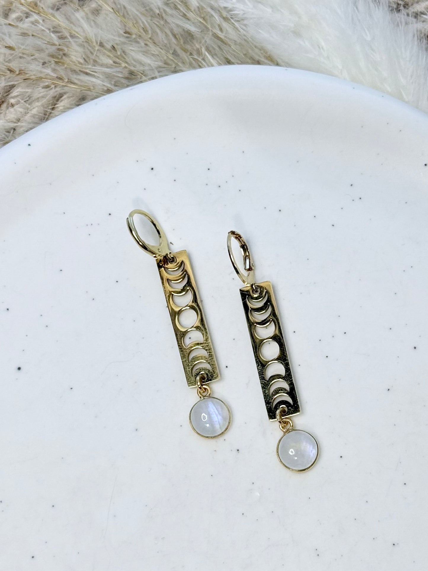 Rainbow Moonstone + Gold Moon Phases Earrings