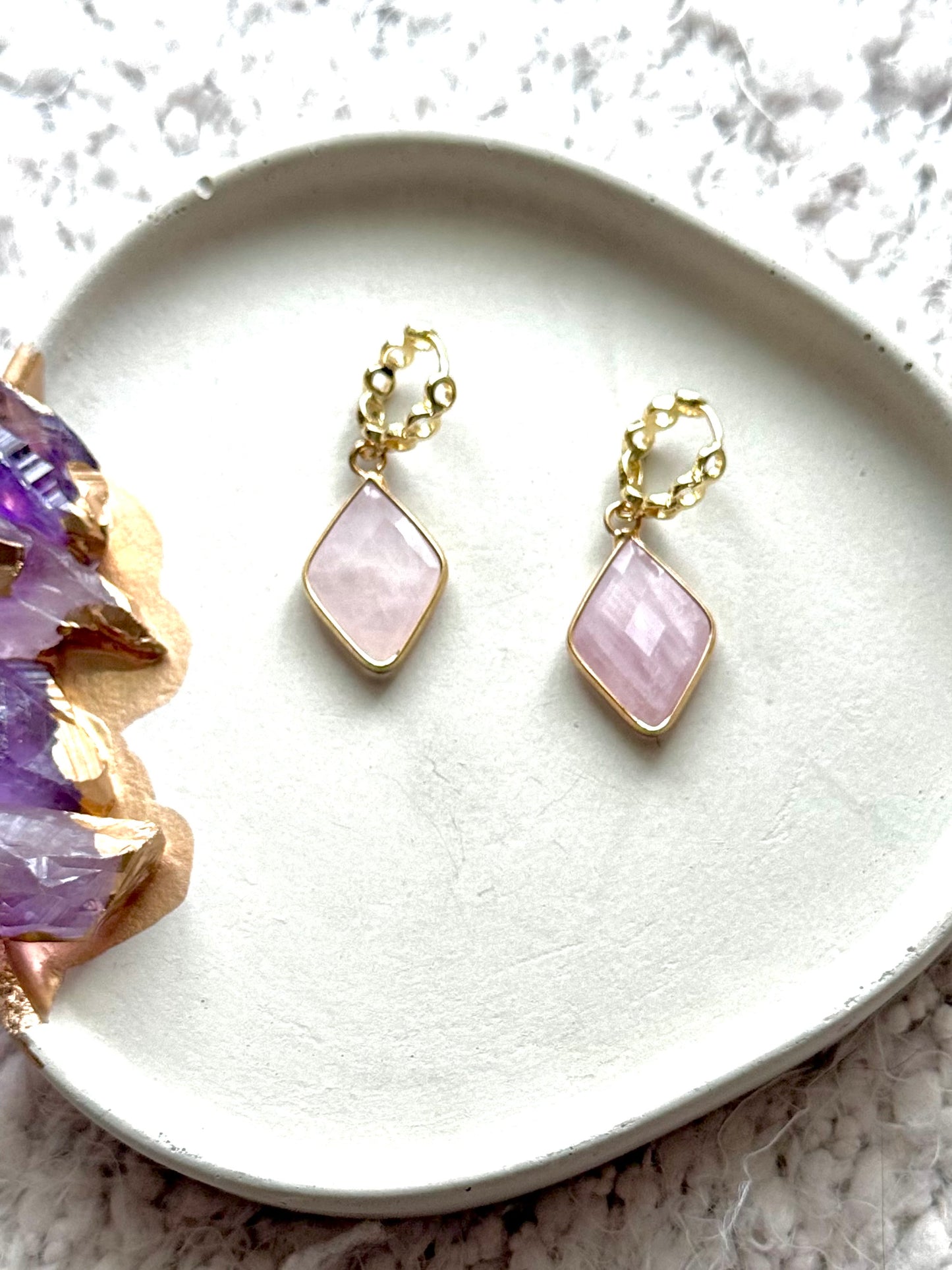 Rose Quartz + Gold Huggie Earrings