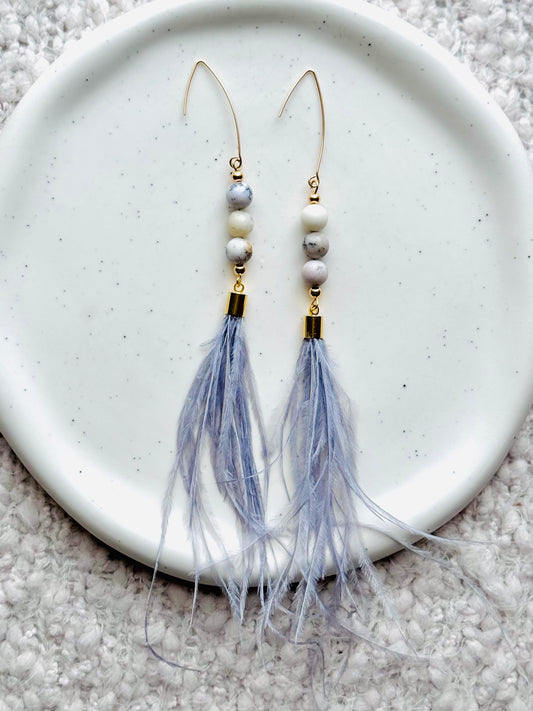 White Opal + Gold Gray Feather Earrings