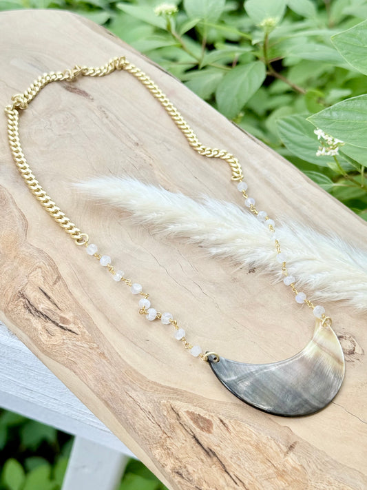 Mother of Pearl Crescent + Moonstone Matte Gold Necklace