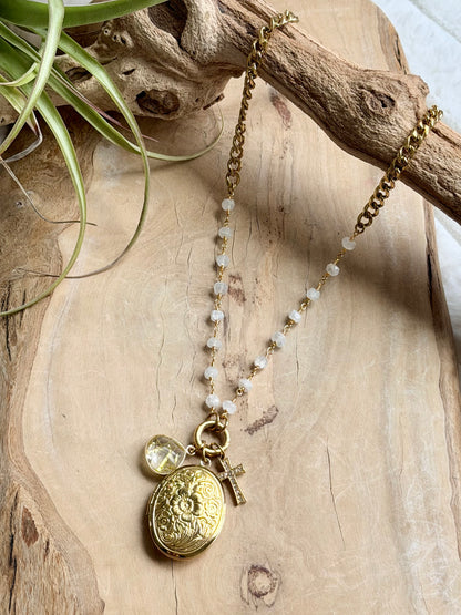 Moonstone + Gold Stainless Steel Locket, Carabiner Charm Necklace