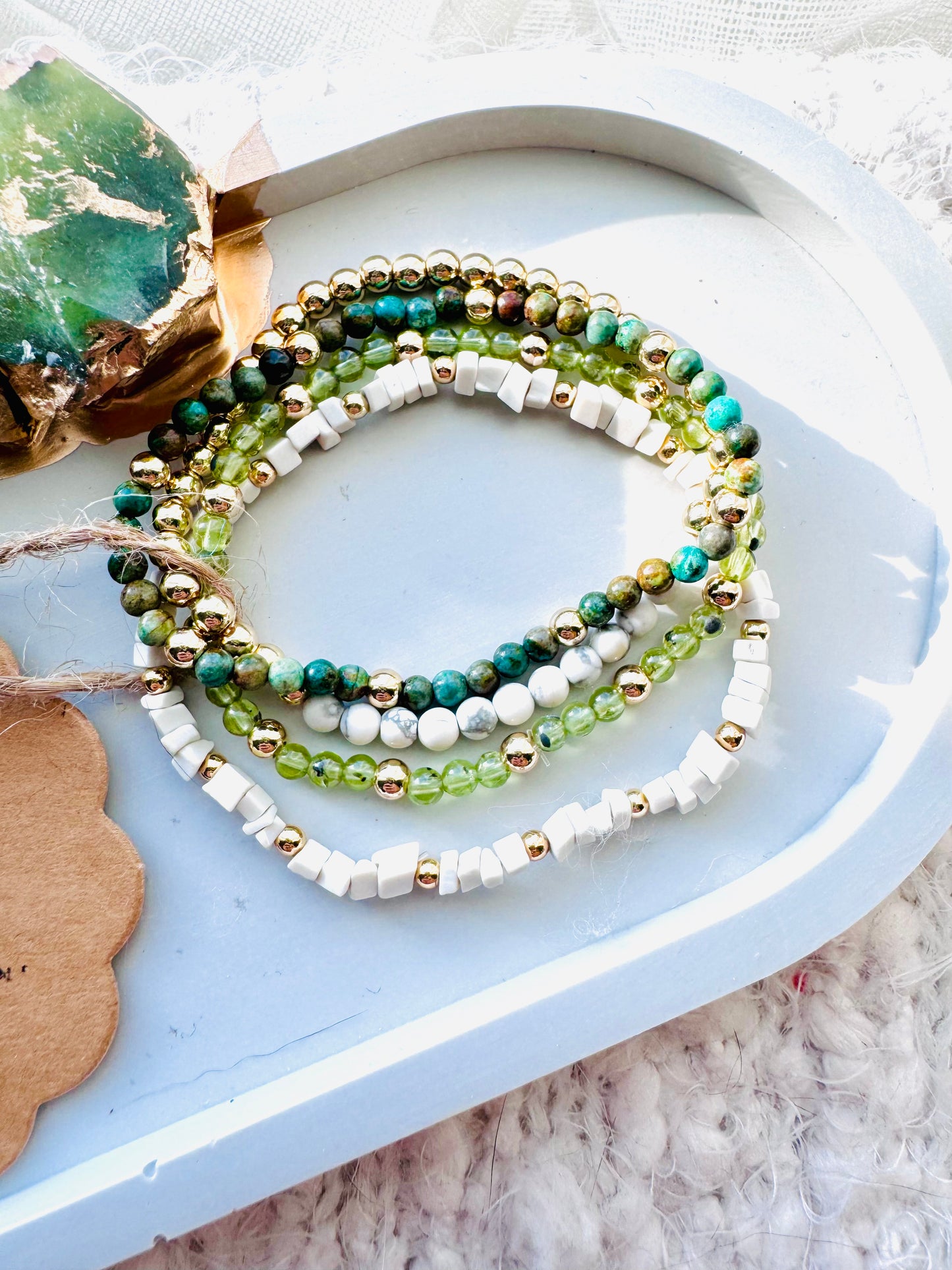 Turquoise + Peridot in Gold Stack (4-stack)