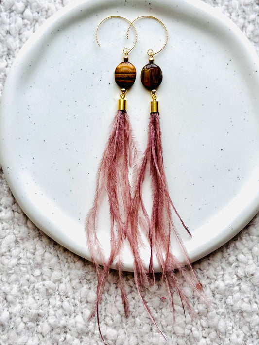 Tiger Eye + Gold Blush/Brown Feather Earrings