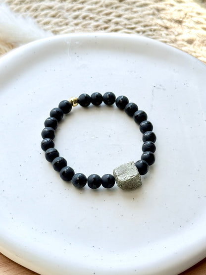 Matte Black Onyx + Pyrite Gold Chunky Charm Band