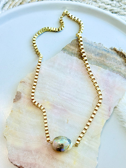 Rustic Ethiopian Opal + Matte Gold  Necklace