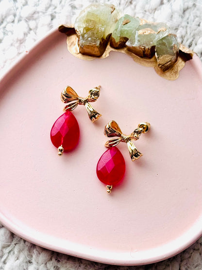 Red Jade Drops + Gold Bow Earrings