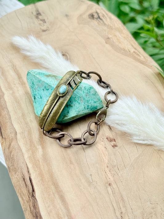 Turquoise + Antique Brass Feather Bracelet