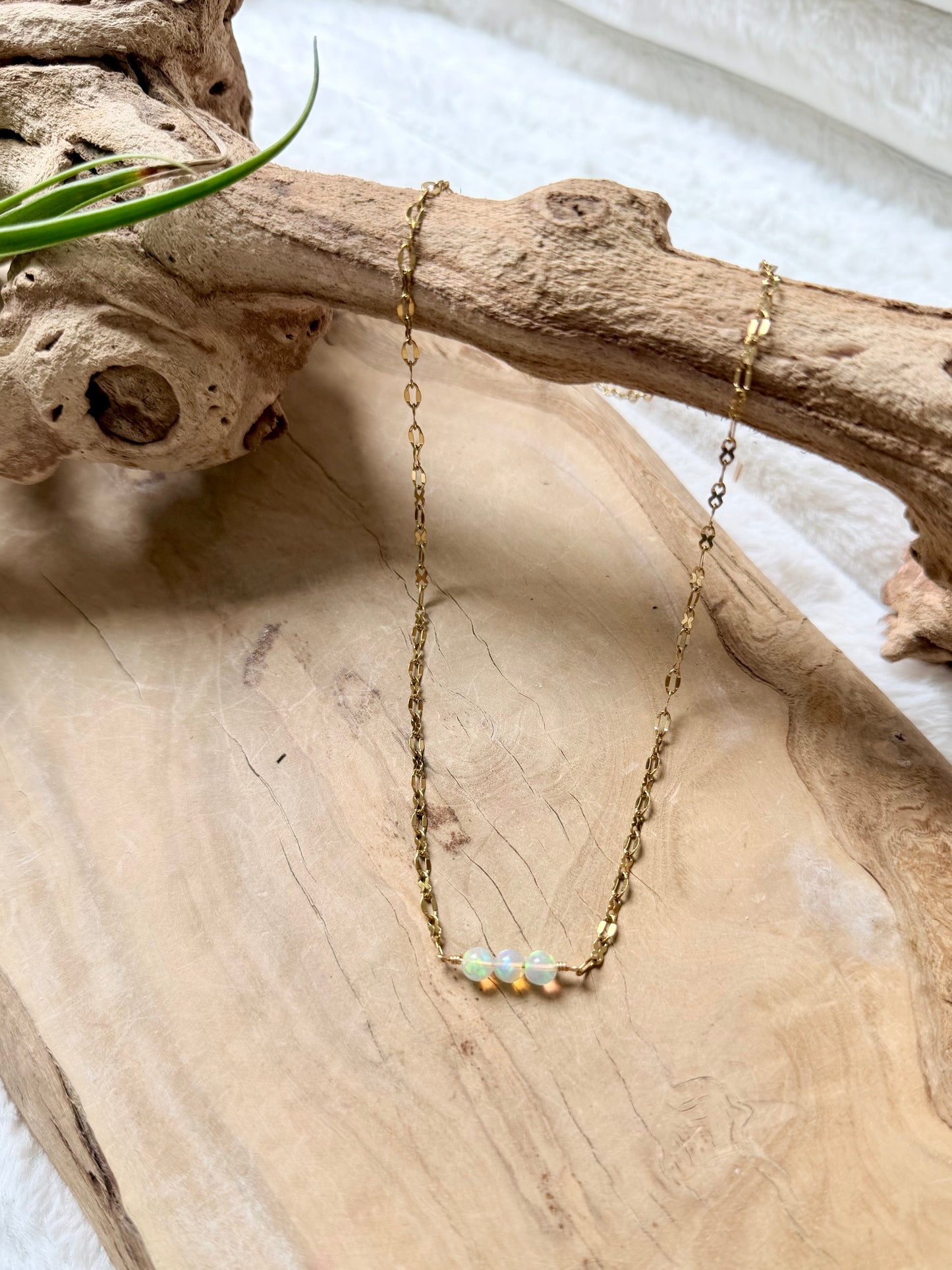 Ethiopian Opal Trio + Gold Stainless Steel Necklace