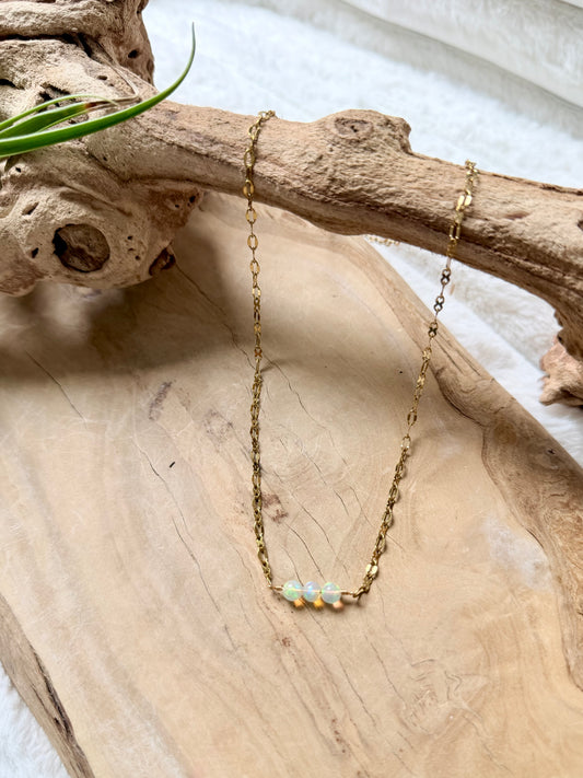 Ethiopian Opal Trio + Gold Stainless Steel Necklace