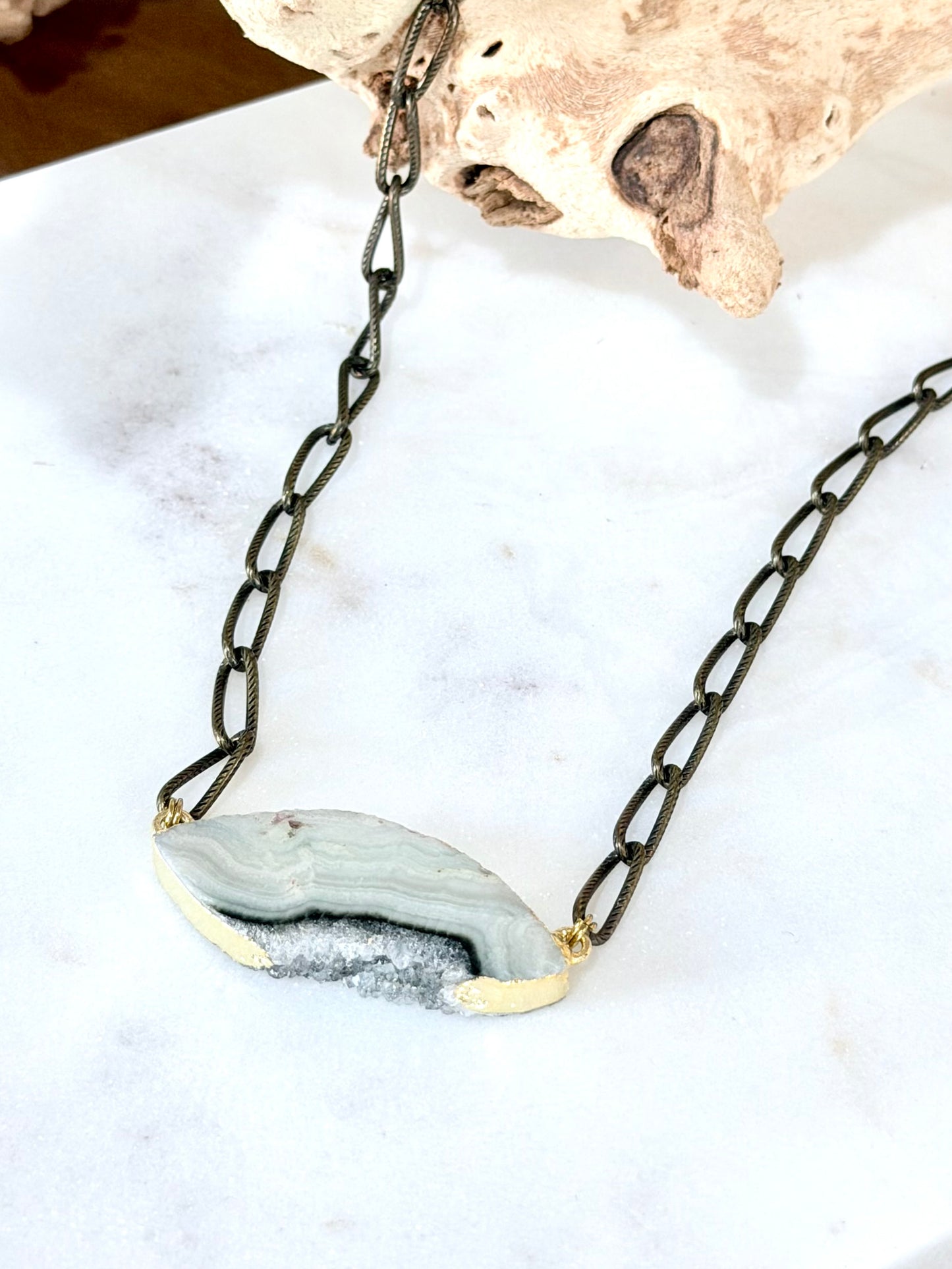 Marquise Amethyst Slice + Antique Brass Necklace