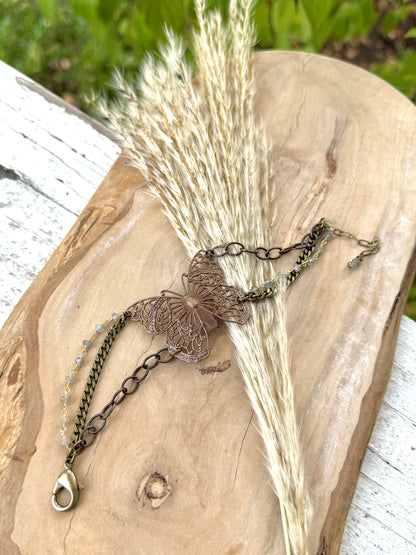 Brass Butterfly + Labradorite Mixed Metal Chain Bracelet