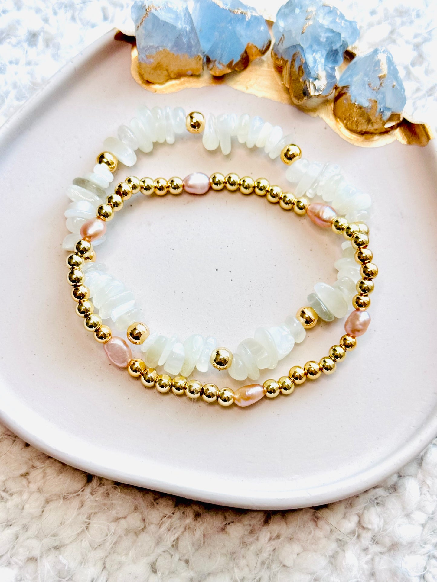 Freshwater Pearl + Moonstone Duo in Gold