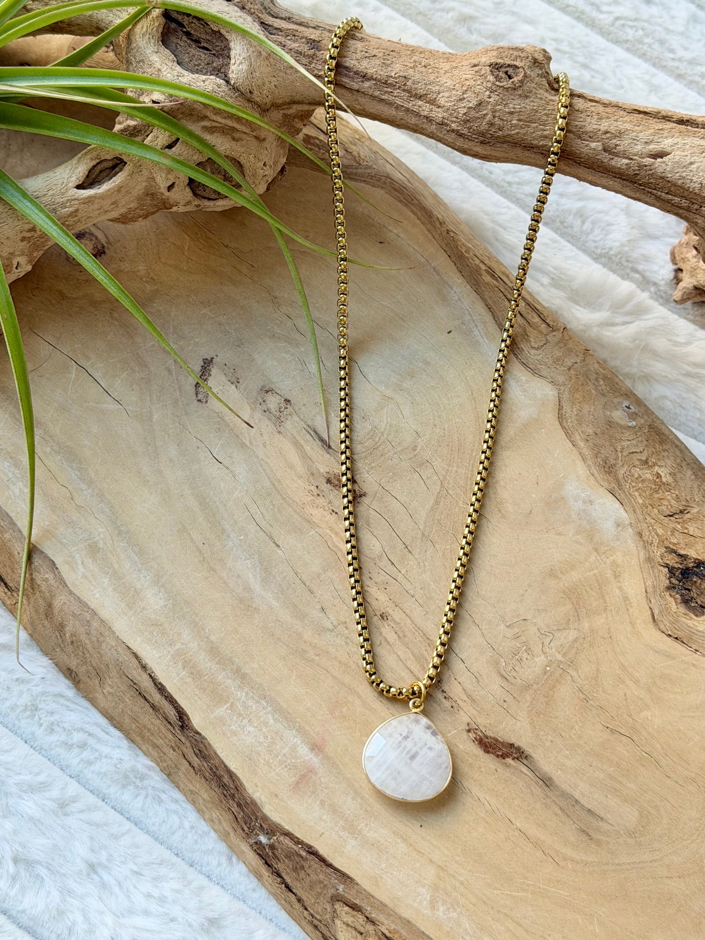 Rainbow Moonstone + Gold Faceted Drop Pendant Necklace