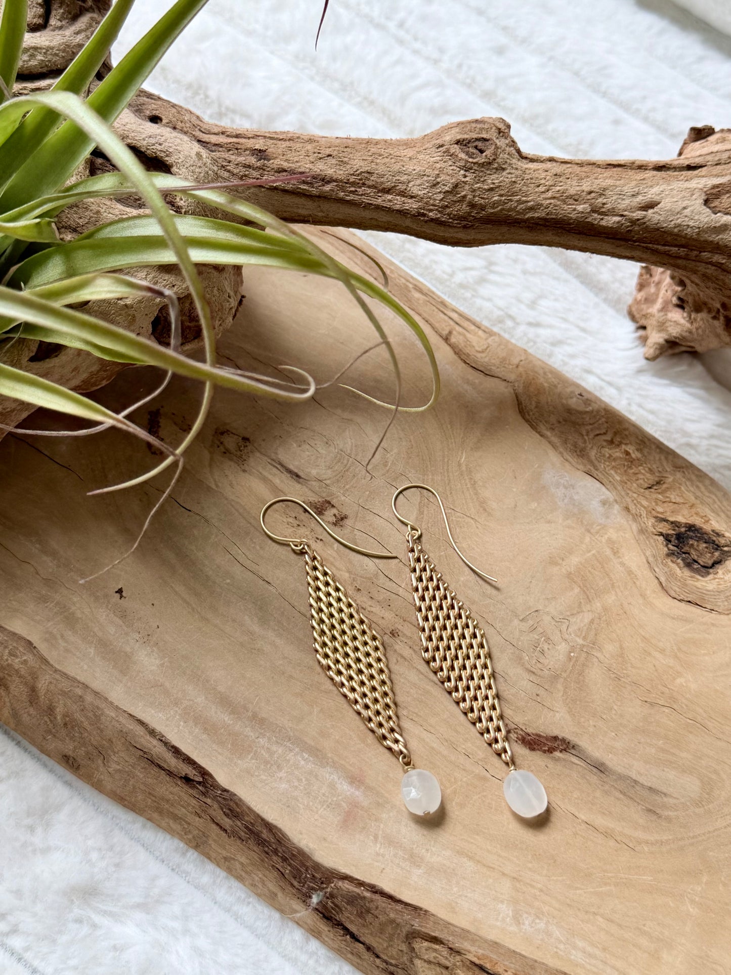 White Moonstone + Matte Gold Mesh Earrings