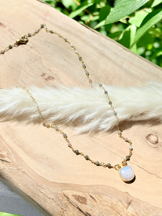 Moonstone + Gold Beaded Chain Necklace
