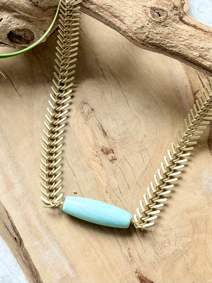 Aqua Blue Terra Agate + Matte Gold Fishbone Chain Necklace