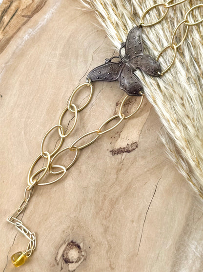 Dark Brass Butterfly + Matte Gold Chain Bracelet