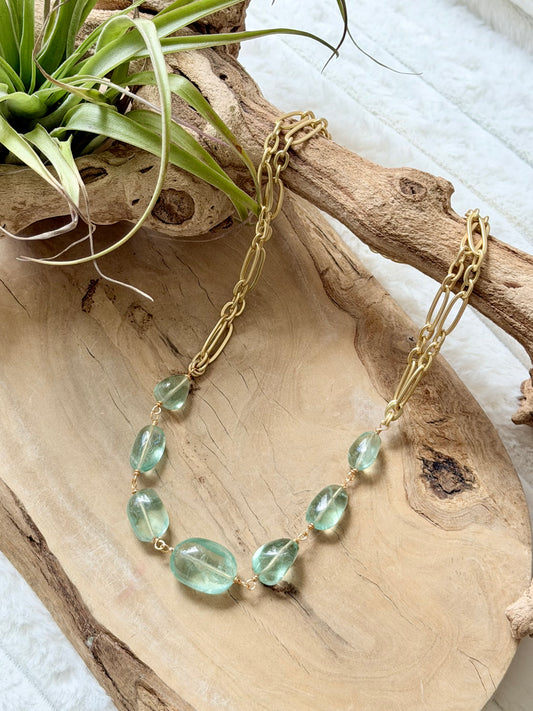Green Fluorite + Matte Gold Necklace