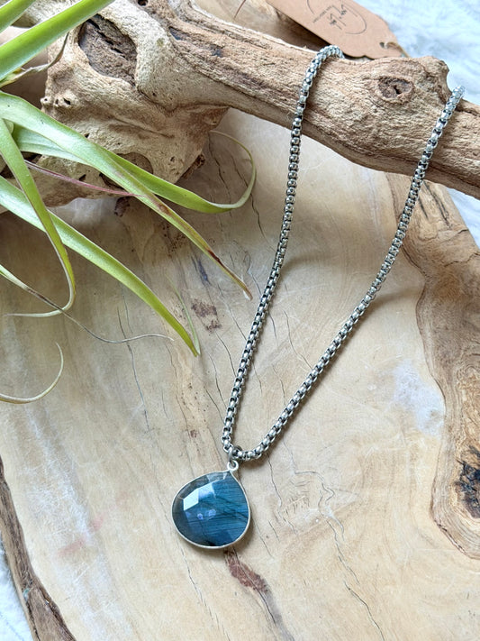 Labradorite + Silver Faceted Drop Pendant Necklace