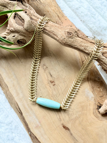 Aqua Blue Terra Agate + Matte Gold Fishbone Chain Necklace