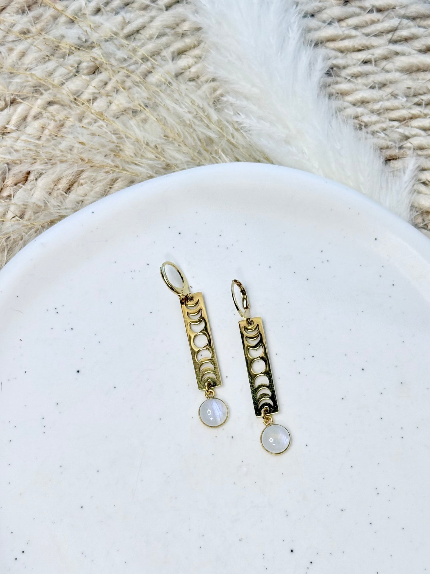 Rainbow Moonstone + Gold Moon Phases Earrings