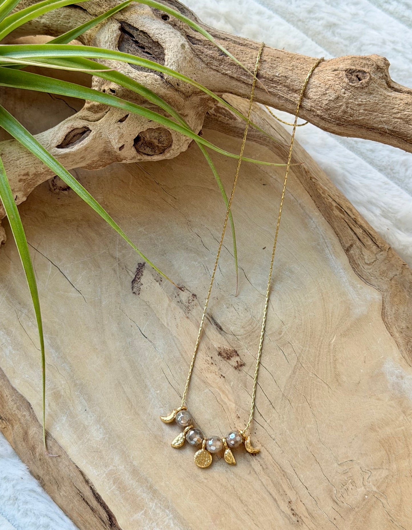 Mystic Gray Agate + Gold Moon Phases Necklace