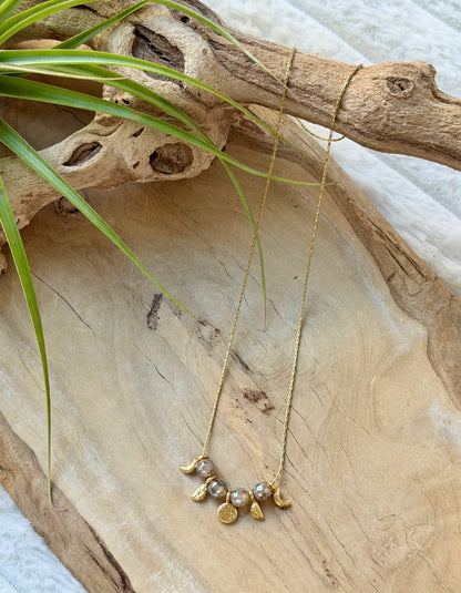 Mystic Gray Agate + Gold Moon Phases Necklace