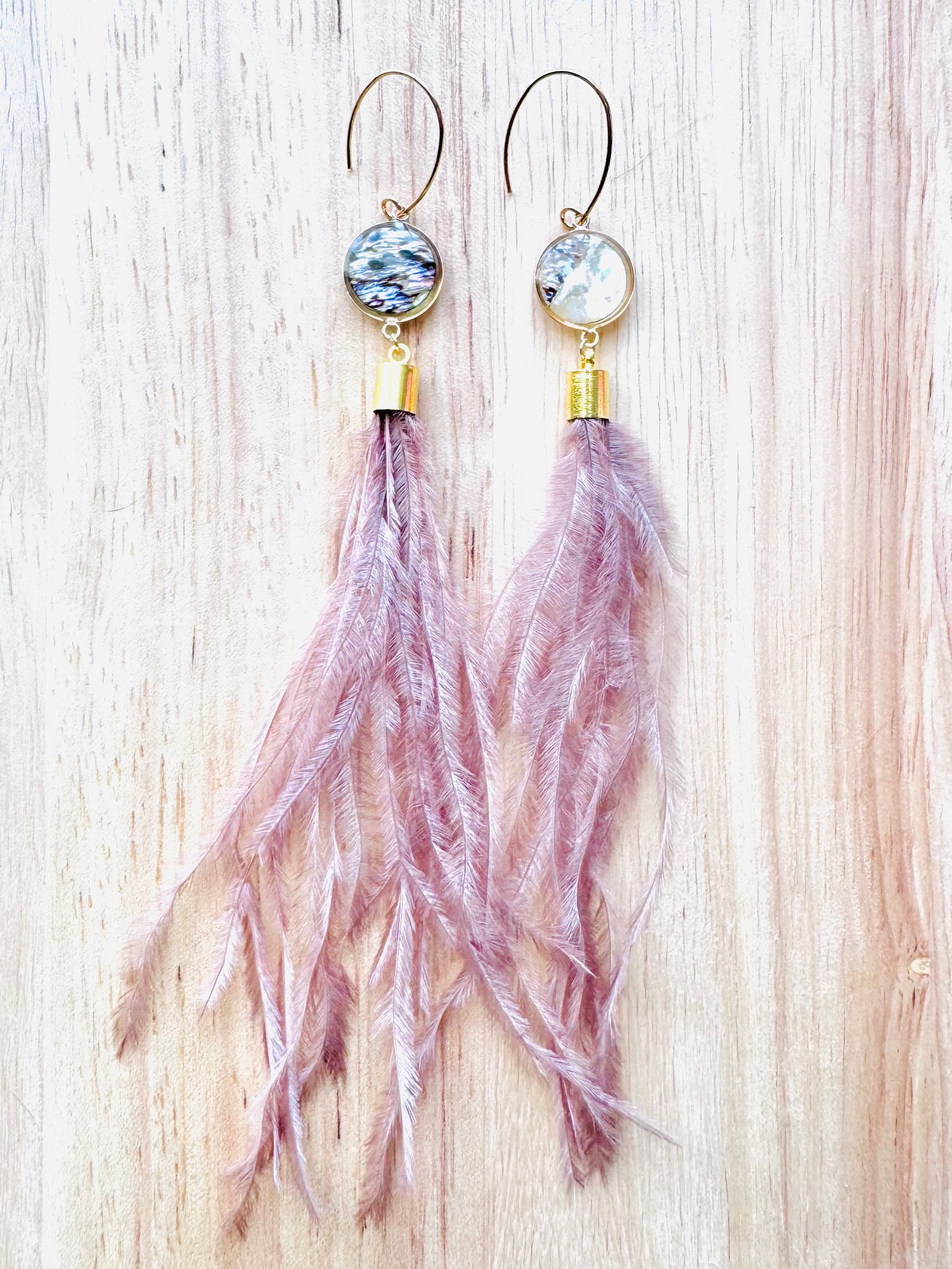 Abalone + Gold Blush/Brown Feather Earrings