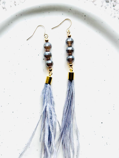 Gray Agate + Gold Gray Feather Earrings